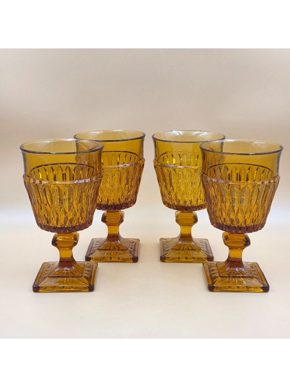 Indiana Glass Mt Vernon Amber Water Goblets Set of 4 Vintage Footed Glass
